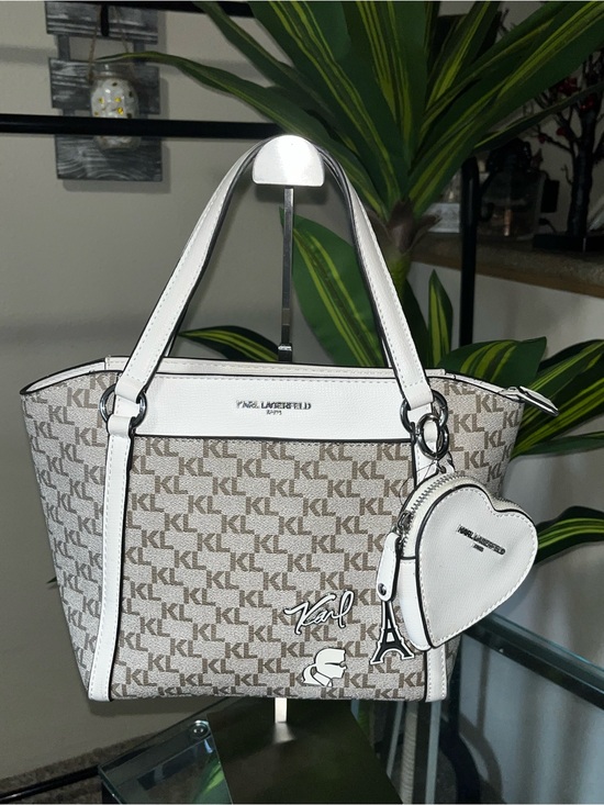 Karl Lagerfeld Handbags - Karl Lagerfeld Beige and White Monogram Tote with Heart Coin purse